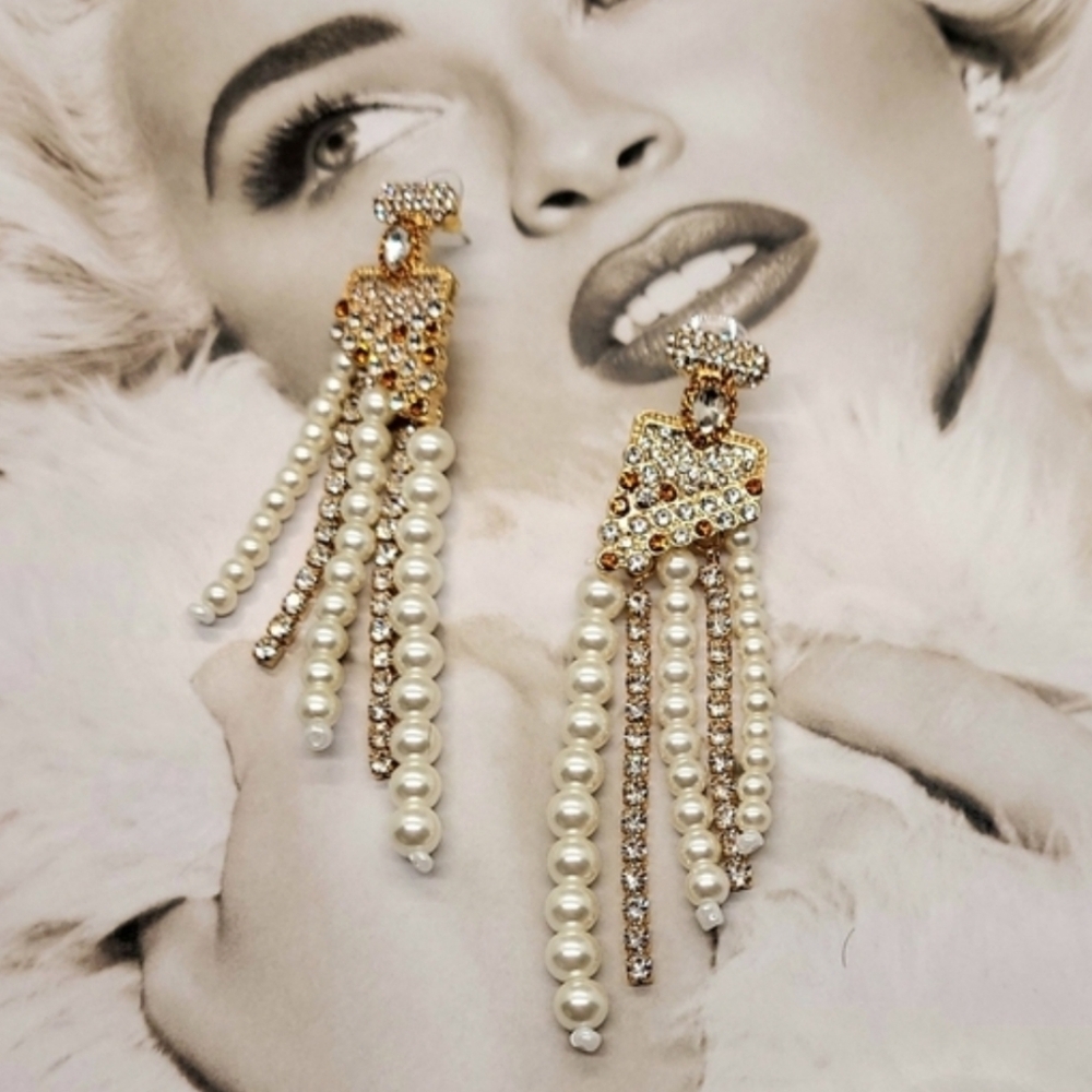 Vintage Estate Glamourous Pearl & Champagne Crystal Gold Tassel Earrings
